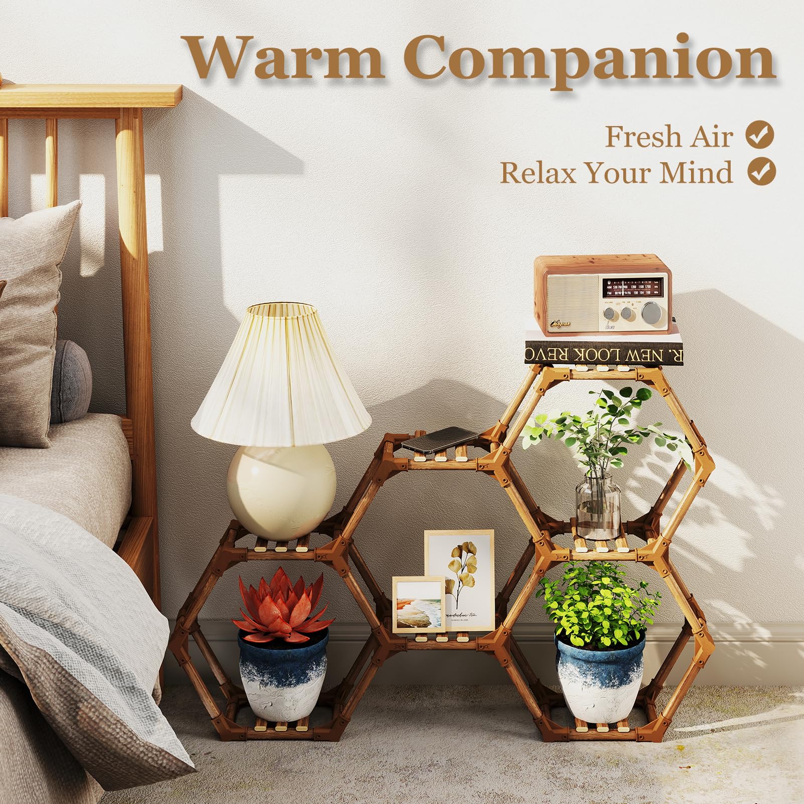 Tikea Hexagonal Corner Plant Stand, Indoor and Outdoor Wooden